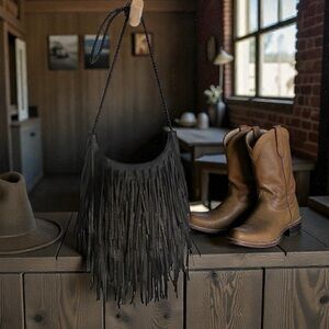 NWT Black Leather Fringe Shoulder Bag